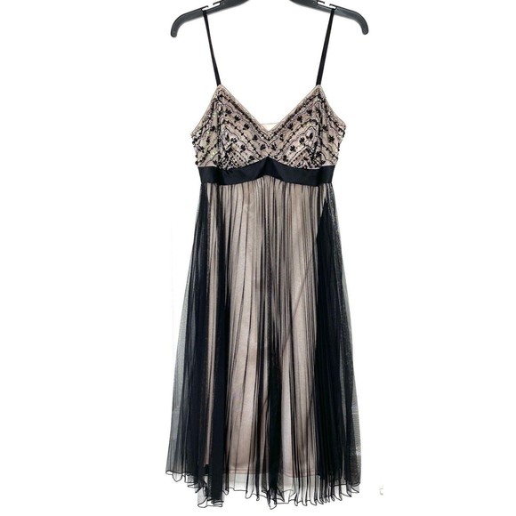 SUE WONG NOCTURNE Black Nude Beaded Sequin Embellished Pleated Mesh Dress 6